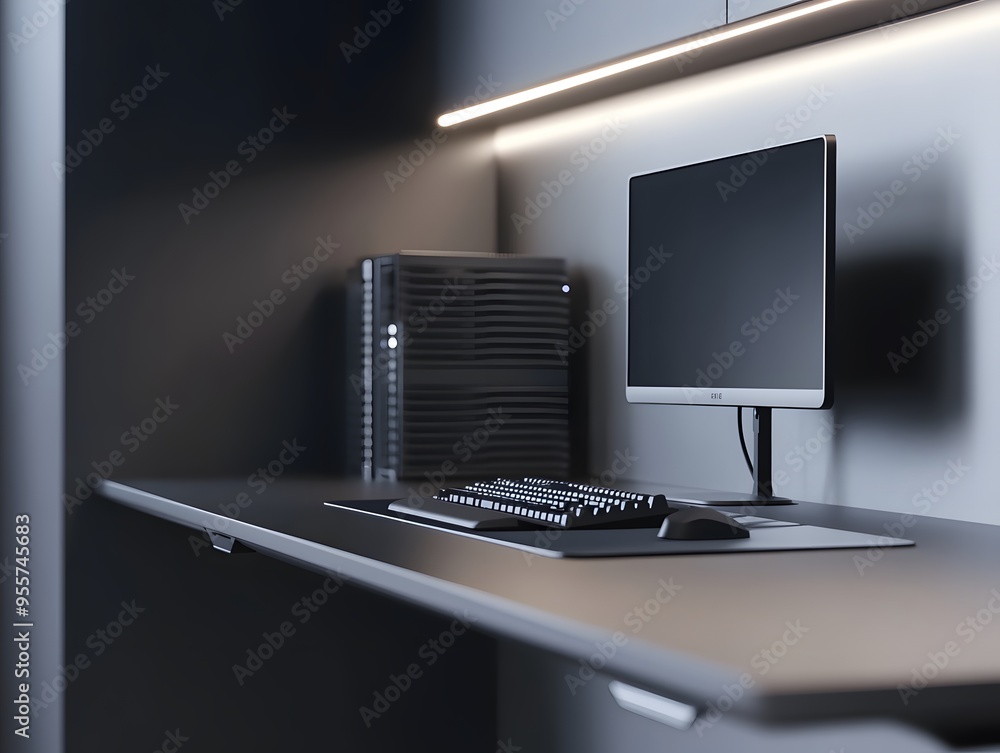 Poster minimalist modern desk setup with desktop computer and keyboard