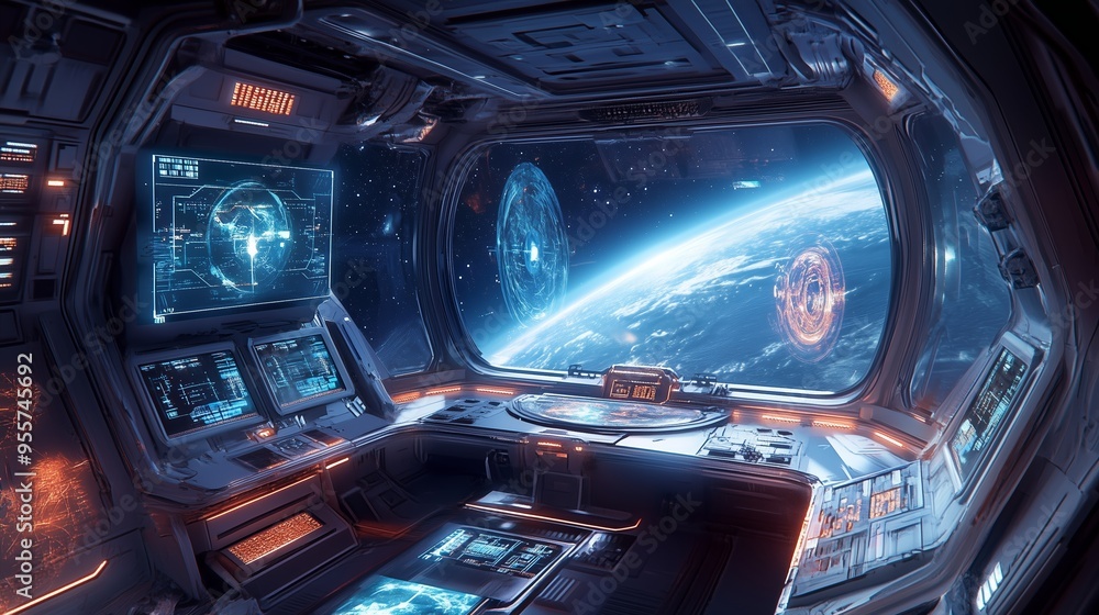 Poster futuristic space station control room with large window revealing earth in the distance and advanced