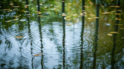 Ripples in a Pond with Reflected Trees and Fallen Leaves