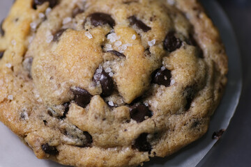 Close up shot of homemade chocolate chip soft cookies with sea salt 