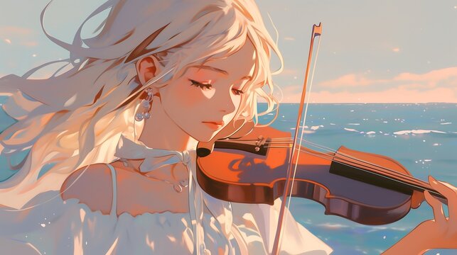 white hair girl playing violin