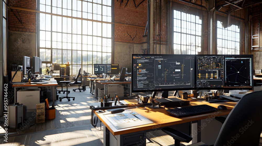Poster modern industrial workspace with large windows and computer monitors