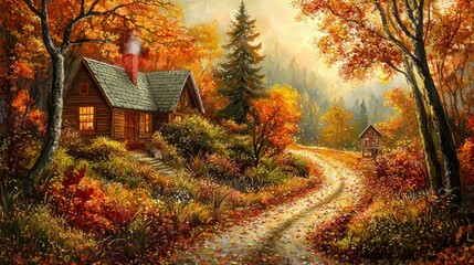 Fototapeta premium Autumn Cottage Forest Pathway