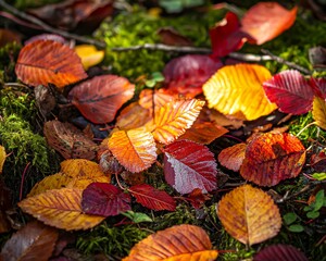 Fototapeta premium Colorful Autumn Leaves on Mossy Forest Floor
