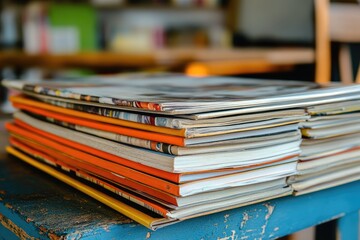 A stack of magazines on a wooden surface. This photo shows the importance of reading and learning.