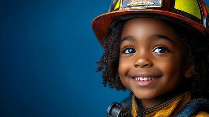 A young child wearing a firefighter helmet and smiling brightly.