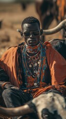 A striking portrait of a young Masai tribesman adorned with traditional bead necklaces and wearing sunglasses.