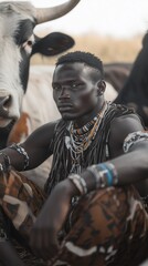 A tribal man adorned with beadwork sits beside a cow, showcasing cultural attire and serene connection with nature.