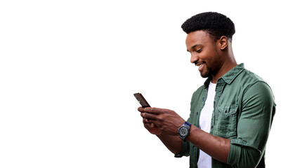 Handsome, smiling young black African-American man viewed from the side looking at his phone portrait, isolated on transparent background DEI DEIB