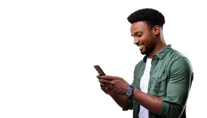 Handsome, smiling young black African-American man viewed from the side looking at his phone portrait, isolated on transparent background DEI DEIB
