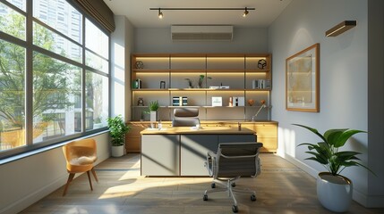 Modern Office Interior with Wooden Desk and Shelving