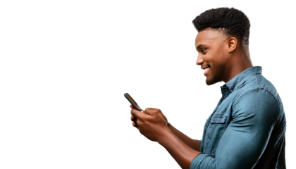 Handsome, smiling young black African-American man viewed from the side looking at his phone portrait, isolated on transparent background DEI DEIB