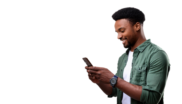 Handsome, smiling young black African-American man viewed from the side looking at his phone portrait, isolated on transparent background DEI DEIB