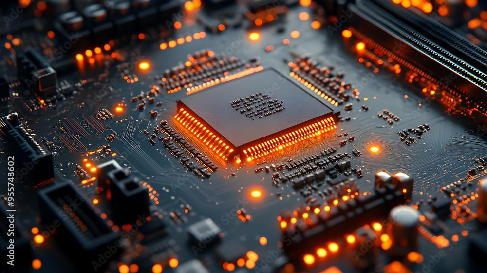 Poster close-up of a circuit board with glowing components.