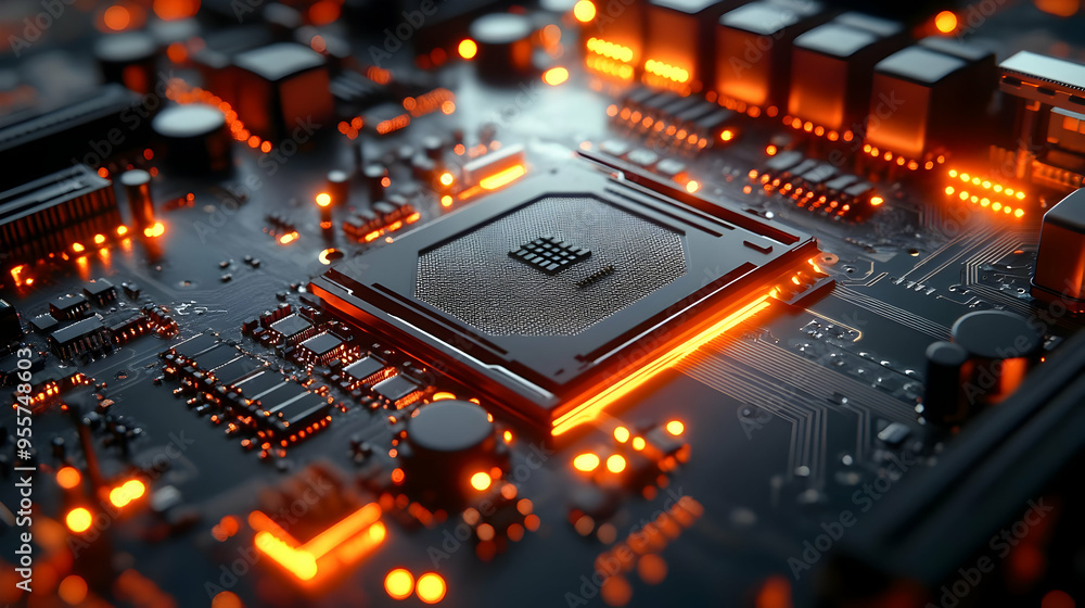 Poster close-up of a circuit board with glowing components.