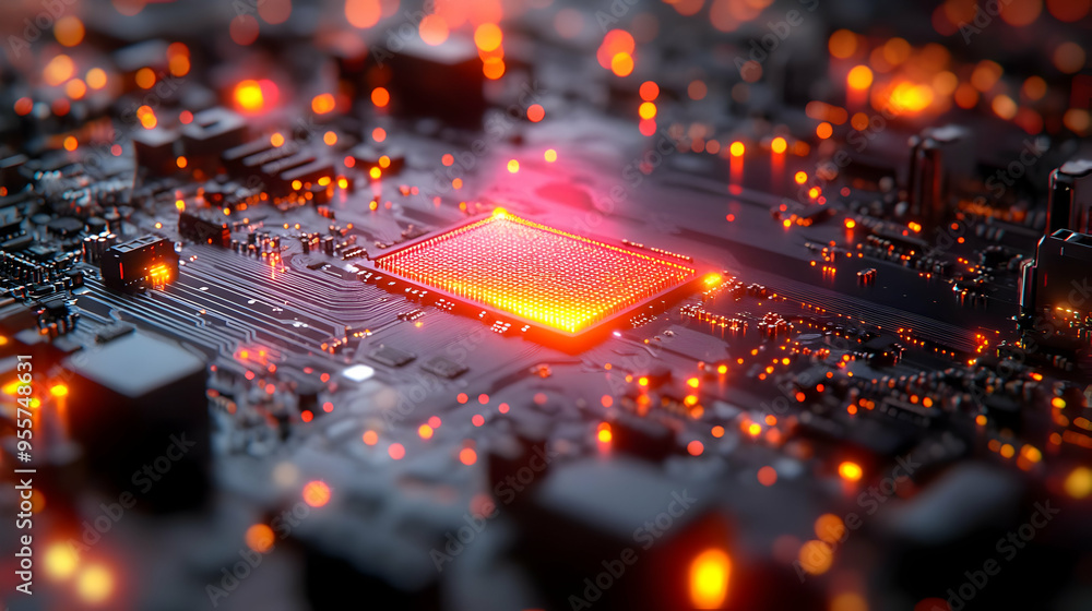 Poster close-up of a circuit board with glowing components.