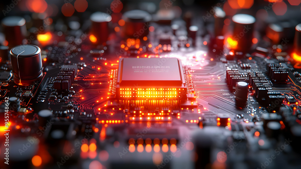 Poster close-up of a glowing microchip on a circuit board.