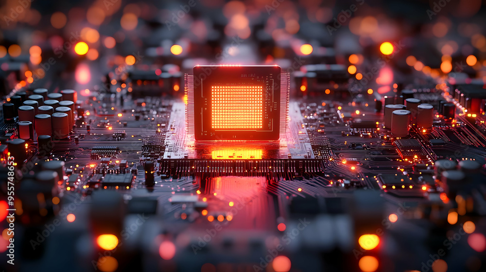 Poster close-up of a glowing microchip on a circuit board.