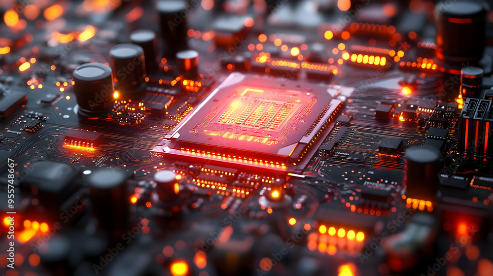 Poster close-up of a glowing microchip on a circuit board.
