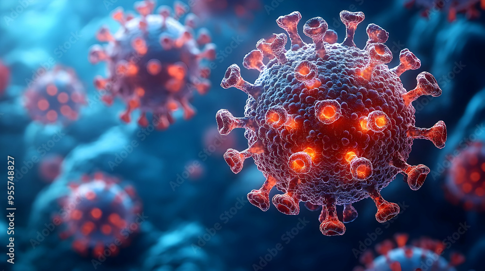 Poster close-up view of a virus, highlighting its structure and spikes.