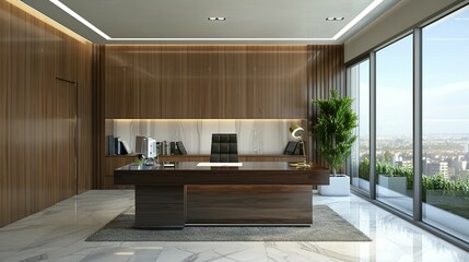 Modern Office Interior with City View and Wooden Accents