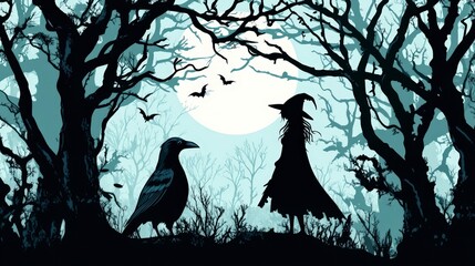 Mystical Witch and Crow Silhouette in Spooky Forest with Enter the Enchanted Forest Text - Halloween Concept