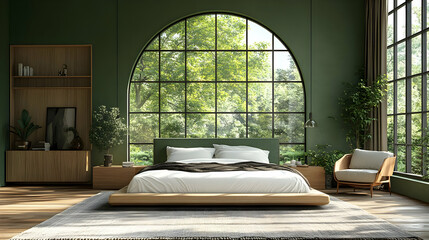 Cozy bedroom with large windows and green decor.