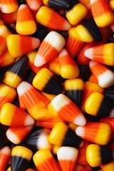 Brightly colored Halloween candy corn mix, showcasing orange, yellow, white, and black treats in a festive holiday display.