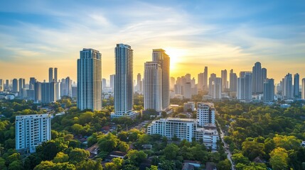 Obraz premium Aerial view of modern city skyline at sunset showcasing towering skyscrapers alongside lush greenery in a vibrant urban landscape