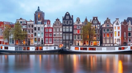 Obraz premium Reflections of Amsterdam: Iconic Canal Houses at Dusk