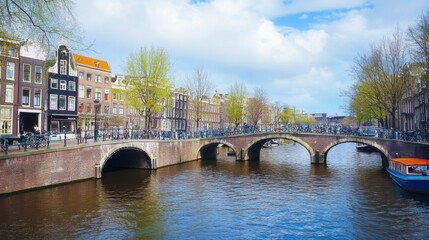 Obraz premium Scenic View of Amsterdam Canal and Bridge