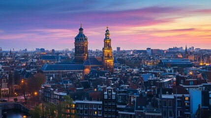 Obraz premium Sunset Over Amsterdam Skyline
