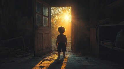 Fototapeta premium a child stands in shadows illuminated by a sliver of light from an open doorway evoking mystery and curiosity chiaroscuro effect emphasizes contrast between darkness and hope