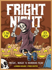 Obraz premium Vintage groovy Halloween Party Fright Night Poster with pumpkins, bat, ghost, grim reaper, castle, graveyard and skull vector retro cartoon illustation