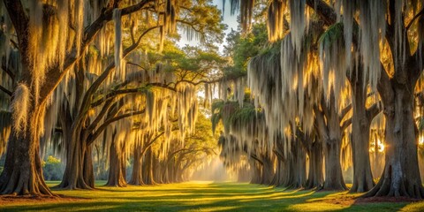 Low-angle shot of Ghost White cypress trees, Spanish moss drapes like eerie curtains, warm afternoon light, hauntingly beautiful scene, a realistic photo image.