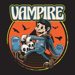 Happy Halloween Vampire in Castle Graveyard with Bat for badge and label sticker, banner, patch, greeting card, t-shirt and invitation Vector  retro cartoon illustration