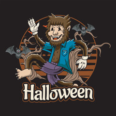Happy Halloween Werewolf Wolf Man in Forest Graveyard Night with Bat for badge and label sticker, banner, patch, greeting card, t-shirt and invitation Vector  retro cartoon illustration
