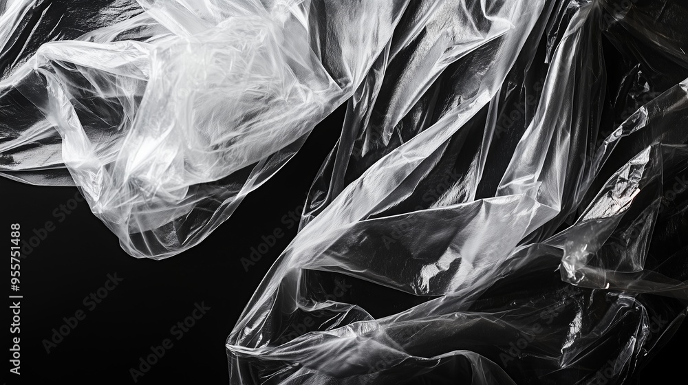 Poster transparent plastic sheets arranged artistically on a black surface create an abstract visual effect