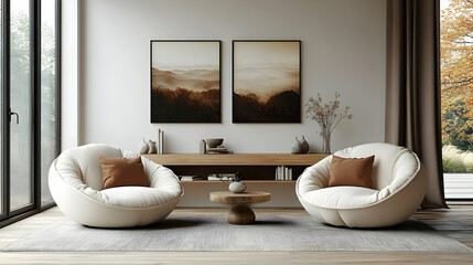 Cozy living room with modern decor and serene artwork.