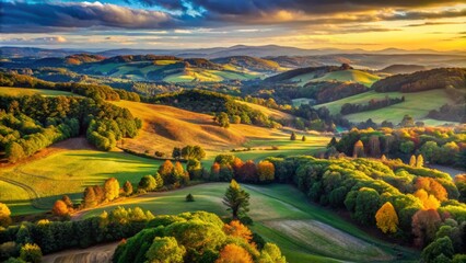 Bird's-eye view of a sprawling auburn-hued landscape, rolling hills and trees, soft focus, expansive atmosphere, serene mood, a realistic photo image.