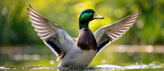 Obraz premium A Drake Mallard Duck Flapping His Wings On A Lake The Green Head Of The Bird Is Iridescent In The Sunlight