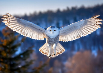 A majestic owl glides through the sky, wings spread wide, embodying the beauty of nature in flight.