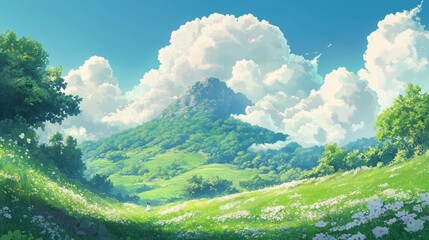 Naklejka premium A serene landscape of rolling hills and vibrant flowers under a bright blue sky with fluffy clouds during a sunny day