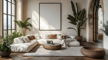 Cozy living room with plants and minimalist decor.