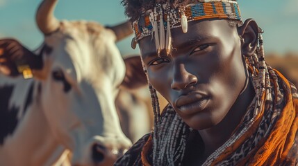 Close-up of a tribal man adorned with traditional beads and headwear, standing beside a cow on a sunny day.