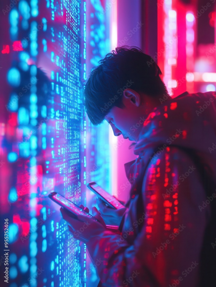 Aufkleber individuals bow their heads, focused on smartphone screens as vibrant digital numbers illuminate the