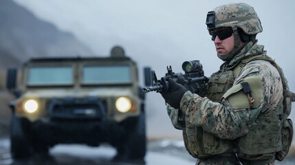 Fototapeta premium Military Soldier with Humvee in Foggy Landscape