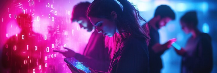 Individuals engage with their smartphones in a dimly lit environment, surrounded by digital numbers that evoke a feeling of isolation. Generative AI