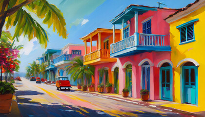 Fototapeta premium Colorful buildings on street in Boqueron, Puerto Rico. The beach town 