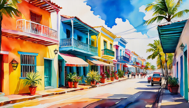 Colorful buildings on street in Boqueron, Puerto Rico. The beach town 